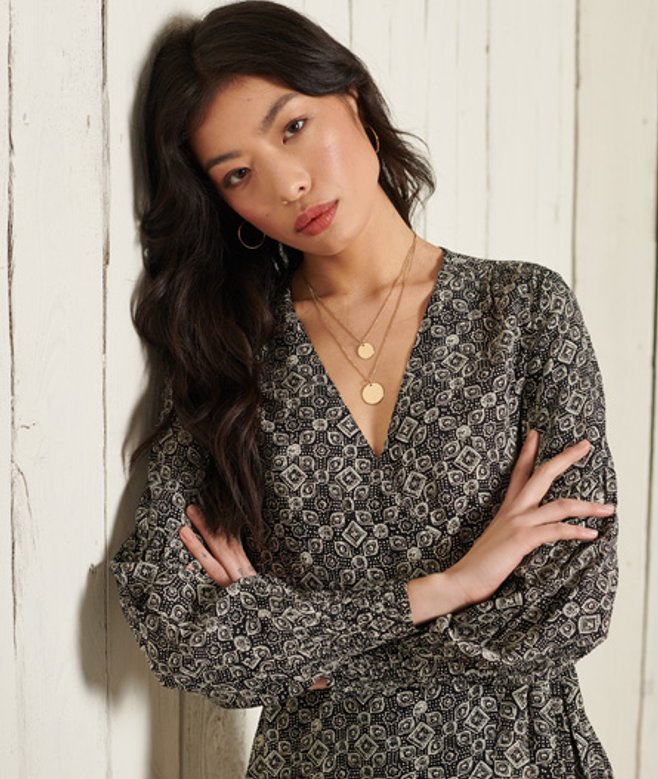 Superdry Damen Schwarz und Weiß Wickelkleid, Größe: 8