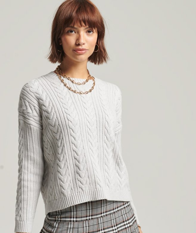 Superdry & Co Women's Dropped Shoulder Cable Knit Crew Neck Jumper Light Grey / Light Dove Grey