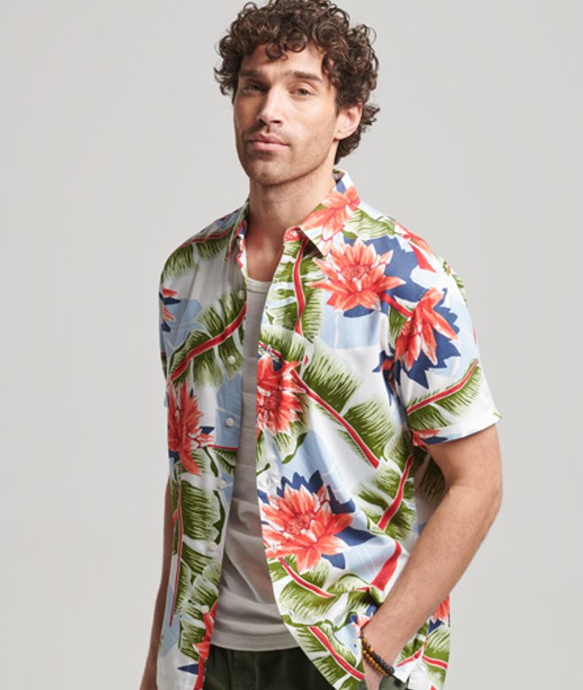Superdry Blanc, Rouge et Bleu Graphisme Imprimé Homme Chemise Hawaïenne à Manches Courtes, Pour Des Hommes,