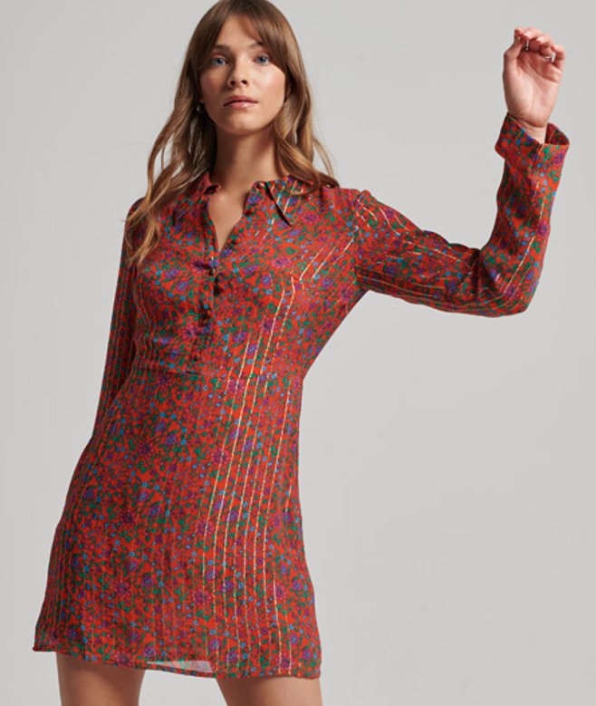 Superdry Women's Studios Button Front Dress Red/green / Stellar Orange Print