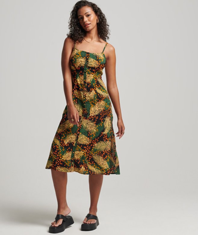Superdry Cami Midi-jurk met Knoopsluiting en Print Multi