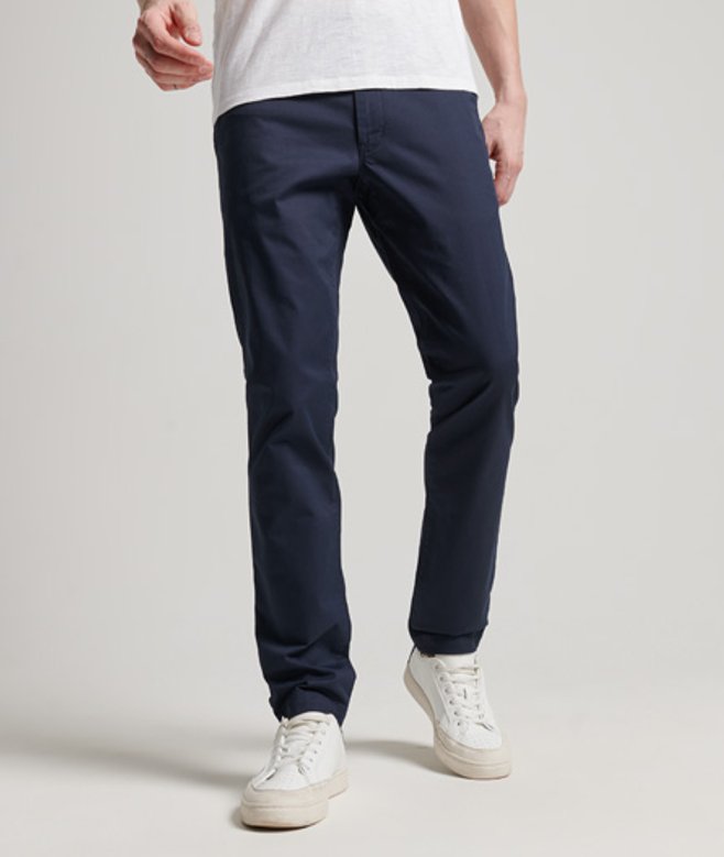 Slimfit Stretch Chinobroek met Taps Toelopende Pijpen Blauw Grootte: 30/32 afbeelding