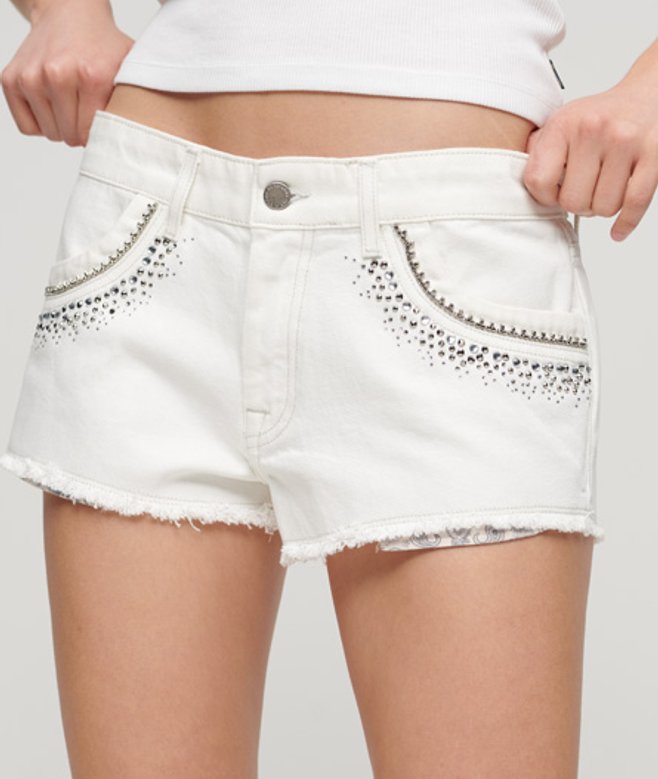 Superdry Women's Diamante Embellished Denim Shorts White / Rockwood Vintage White