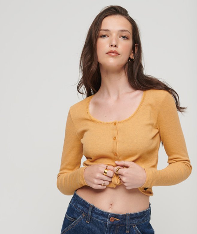 Superdry Kraagloze Geribde top met Lange Mouwen Geel