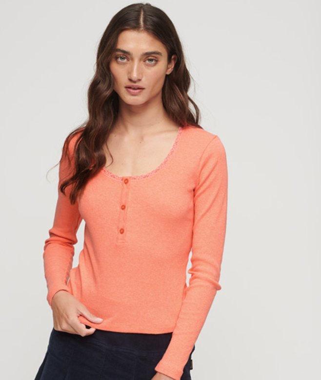 Superdry Kraagloze Geribde top met Lange Mouwen Cream