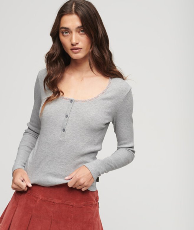 Superdry Kraagloze Geribde top met Lange Mouwen Grijs
