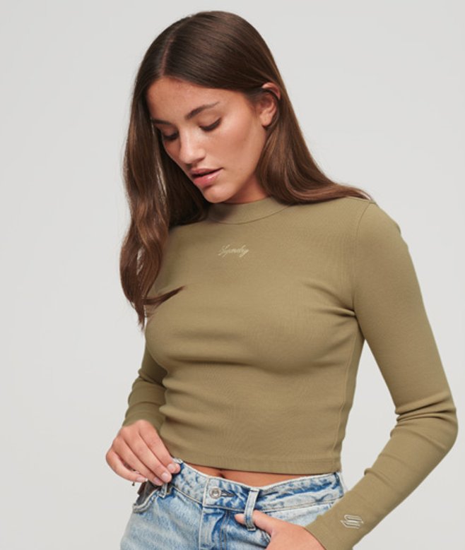 Geribde Korte top met Lange Mouwen en Borduursel Beige Grootte: 34 afbeelding