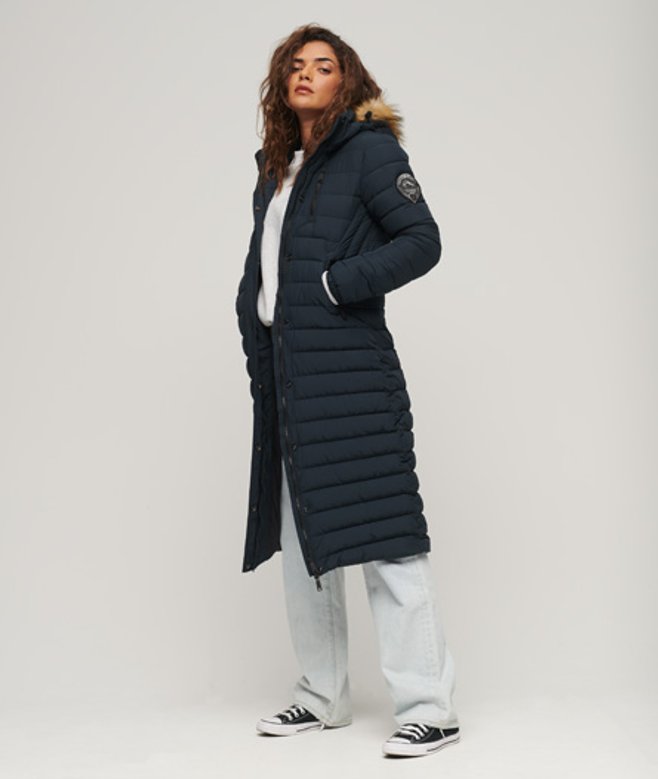 Superdry Lange Fuji Pufferjas met Capuchon Blauw