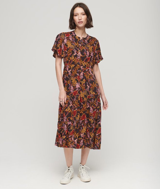 Superdry Women's Printed Short Sleeve Tiered Midi Dress Brown / Black Juju Floral Print