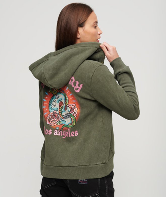 Superdry Tattoo Hoodie met Rits en Stras Khaki