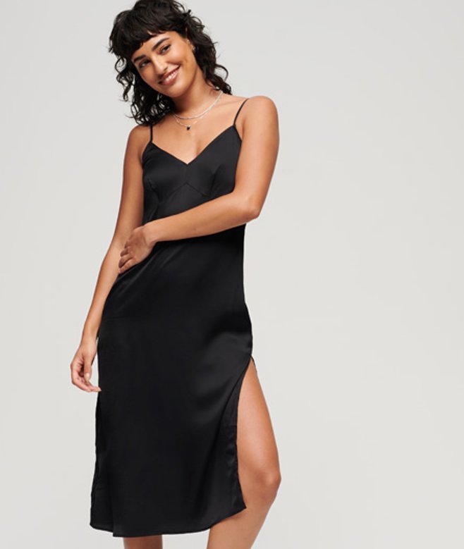 Superdry Women's Slim Fit Classic Satin Cami Midi Dress, Black