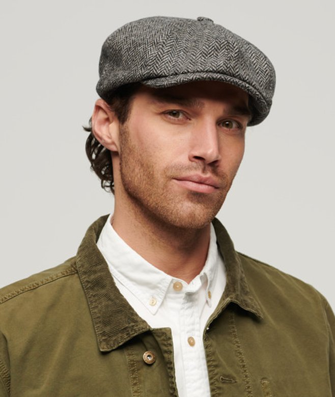 Superdry Mens Fully lined Herringbone Baker Boy Cap, Dark Grey
