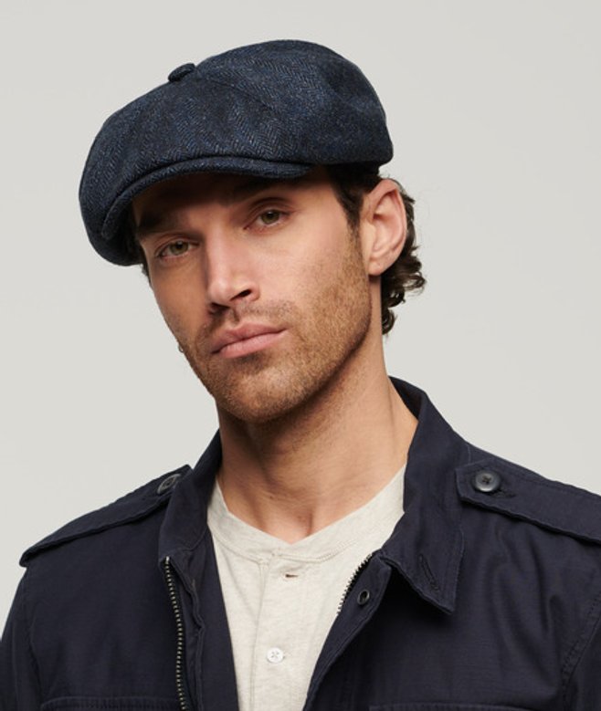 Superdry Mens Fully lined Herringbone Baker Boy Cap, Dark Blue