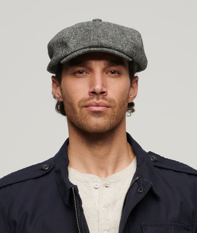 Superdry Mens Fully lined Herringbone Baker Boy Cap, Dark Grey
