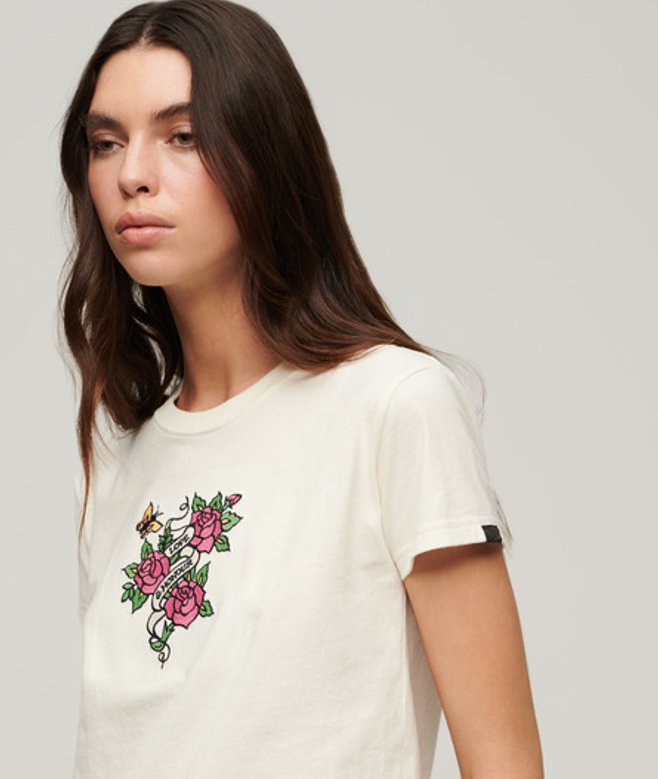 Aansluitend Tattoo-t-shirt met Borduursel Crème Grootte: 34 afbeelding