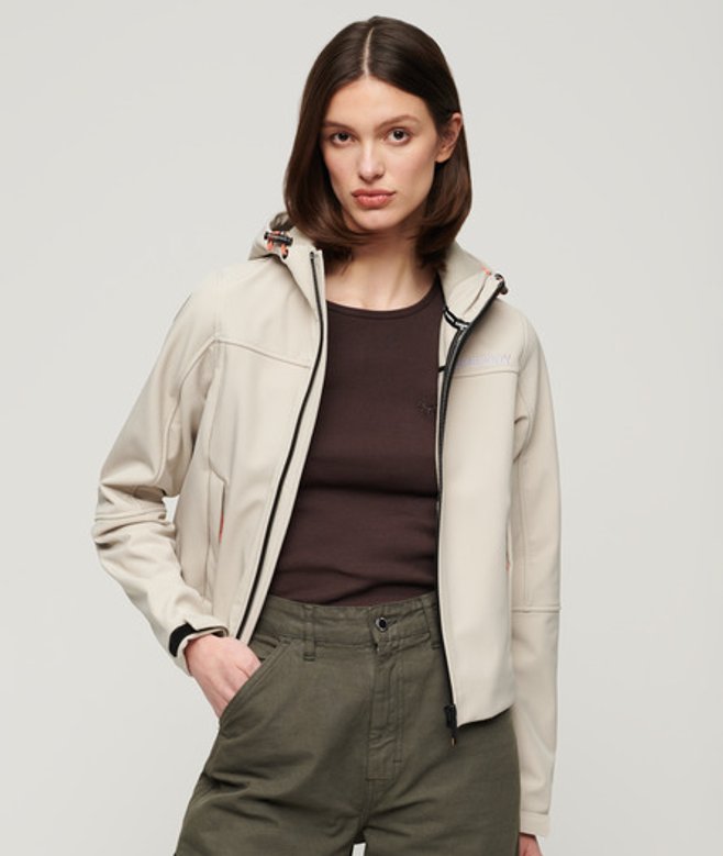 Superdry Ladies Slim Fit Hooded Soft Shell Trekker Jacket, Beige, Size: 14