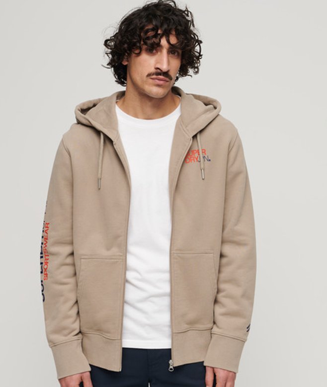 Superdry Sportswear Hoodie met Rits, Logo en Losse Pasvorm Beige