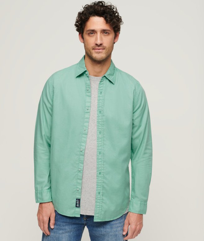 Superdry Mens Classic Overdyed Organic Cotton Long Sleeve Shirt, Green
