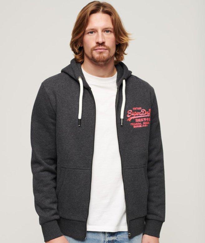 Superdry Neon Vintage Logo Hoodie met Rits Donkergrijs