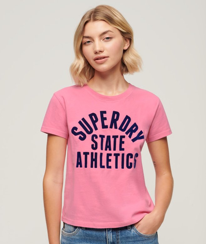 Varsity T-shirt met Flockprint en Aansluitende Pasvorm Roze Grootte: 44 afbeelding
