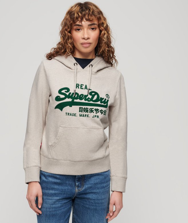 Superdry Hoodie met Geborduurd Vintage-logo en Grafische Print Cr&egrave;me