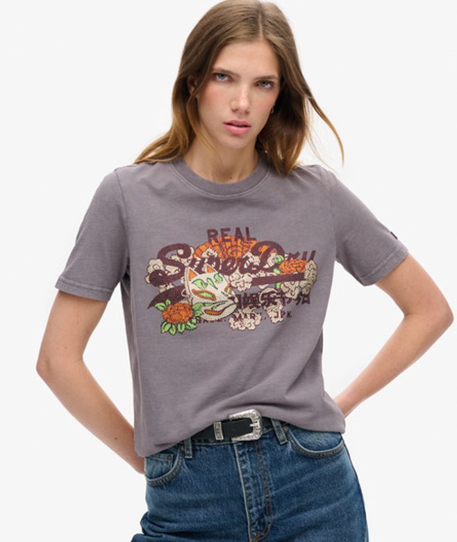 Damen Lockeres T-Shirt Mit Tokyo Vintage Logo Grafikprint, Größe: 36 - Superdry - Modalova