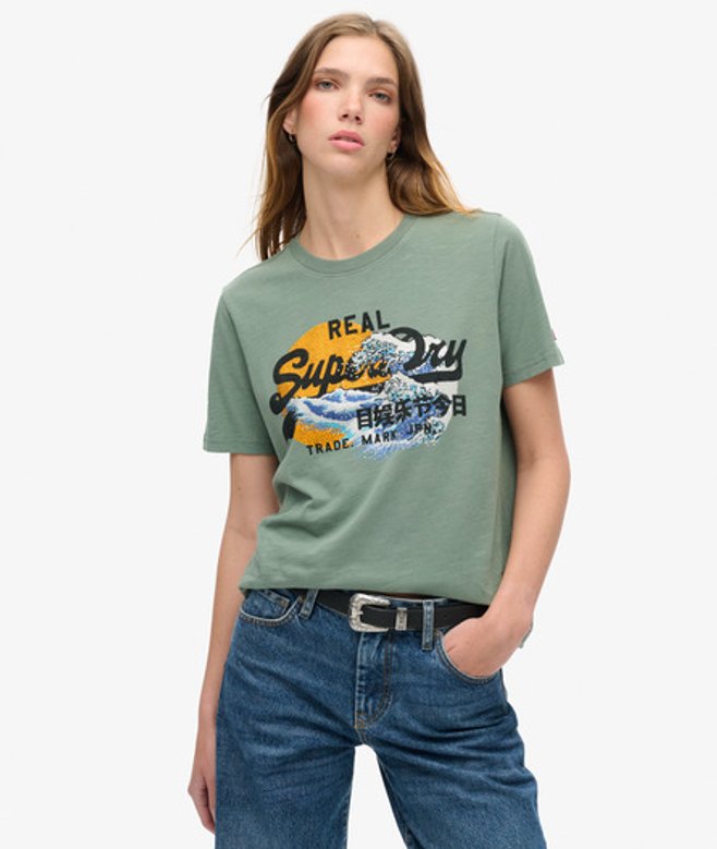 Tokyo Relaxed T-shirt met Vintage Logo en Print Groen Grootte: 36 afbeelding