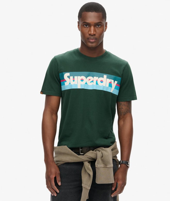 Retro T-shirt met Strepen en Logo Groen Grootte: L afbeelding