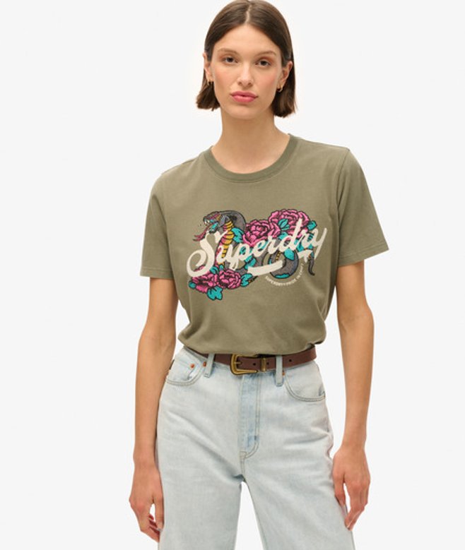 Tattoo T-shirt met Tekst en Losse Pasvorm Groen Grootte: 36 afbeelding