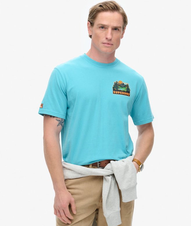 Travel Postcard T-shirt met Print op de Borst Blauw Grootte: L afbeelding