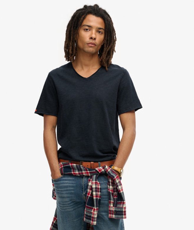 Raw Edge T-shirt van Slubgaren met V-hals Blauw Grootte: L afbeelding