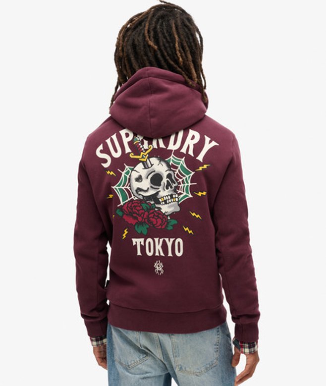Tattoo Hoodie met Losse Pasvorm en Print op de Achterkant Paars Grootte: M afbeelding