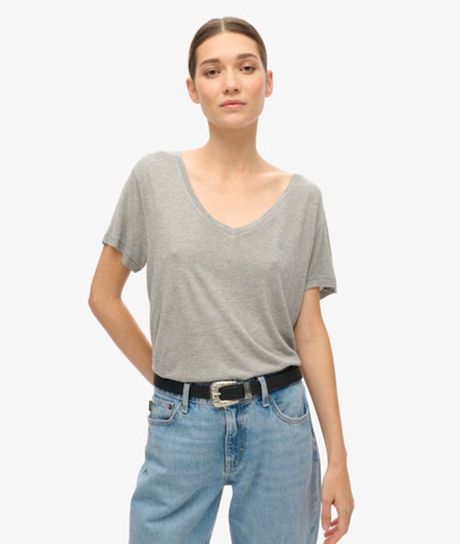 Studios Slub T-shirt met V-hals en Borduursel Lichtgrijs Grootte: 46 afbeelding