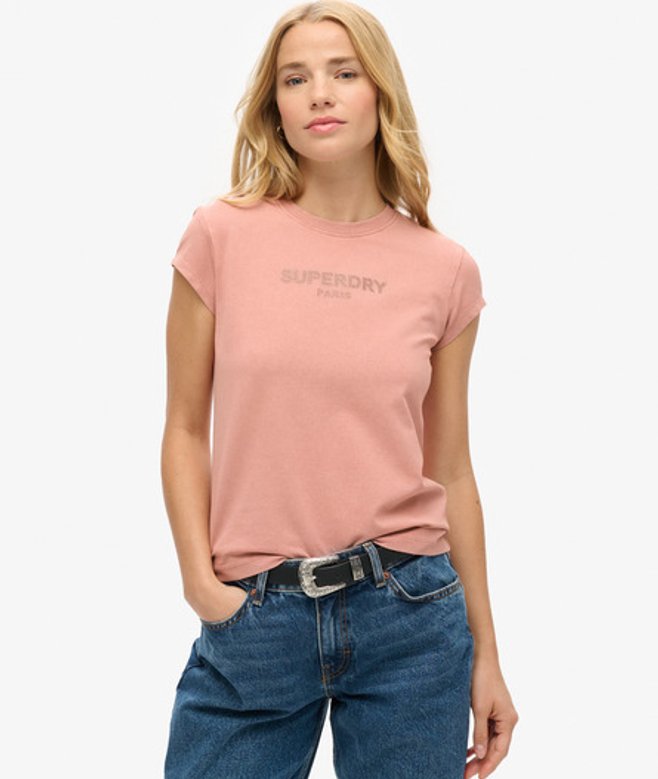 Sport Luxe T-shirt met Print en Kapmouwtjes Roze Grootte: 38 afbeelding