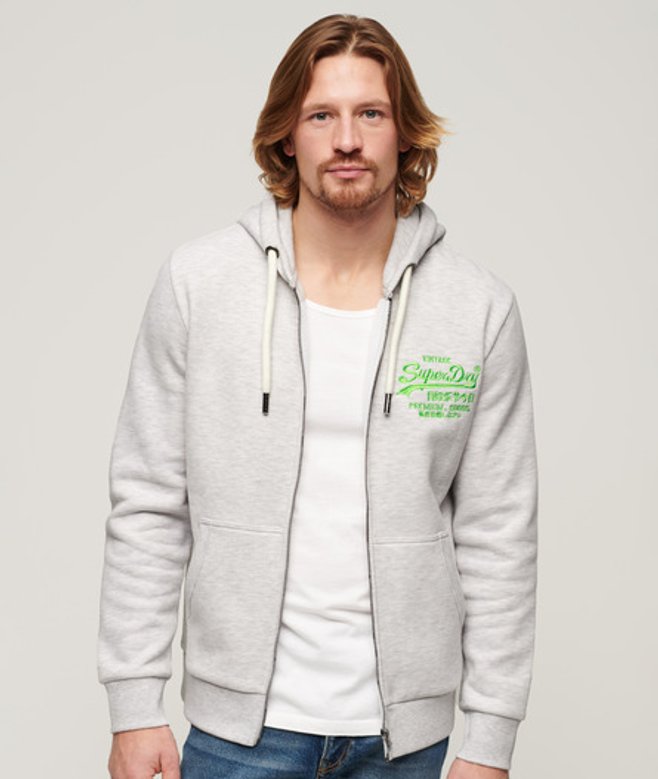 Superdry Neon Vintage Logo Hoodie met Rits Lichtgrijs