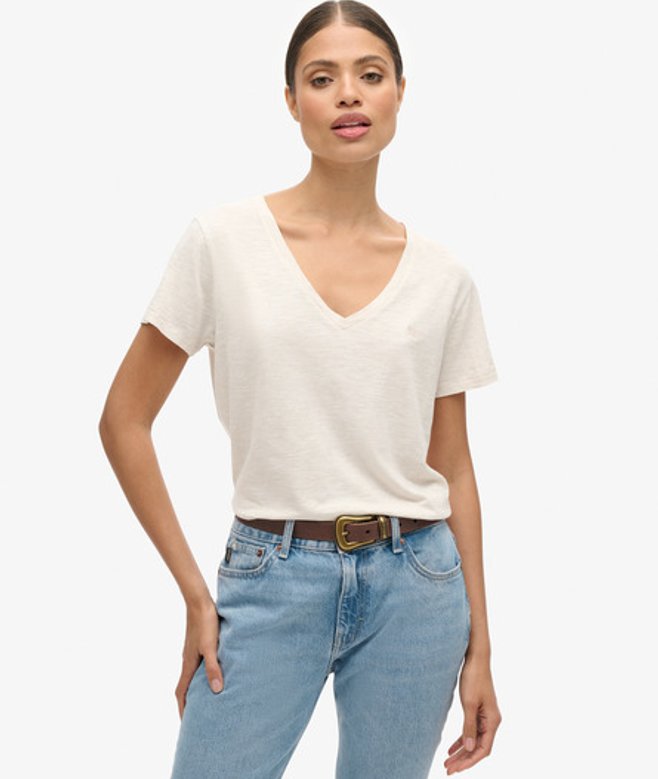 Ruimvallend Geborduurd T-shirt met V-hals Beige Grootte: 42 afbeelding