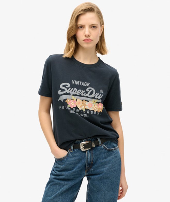 Premium Goods T-shirt met Bloemenprint en Vintage Logo Blauw Grootte: 44 afbeelding