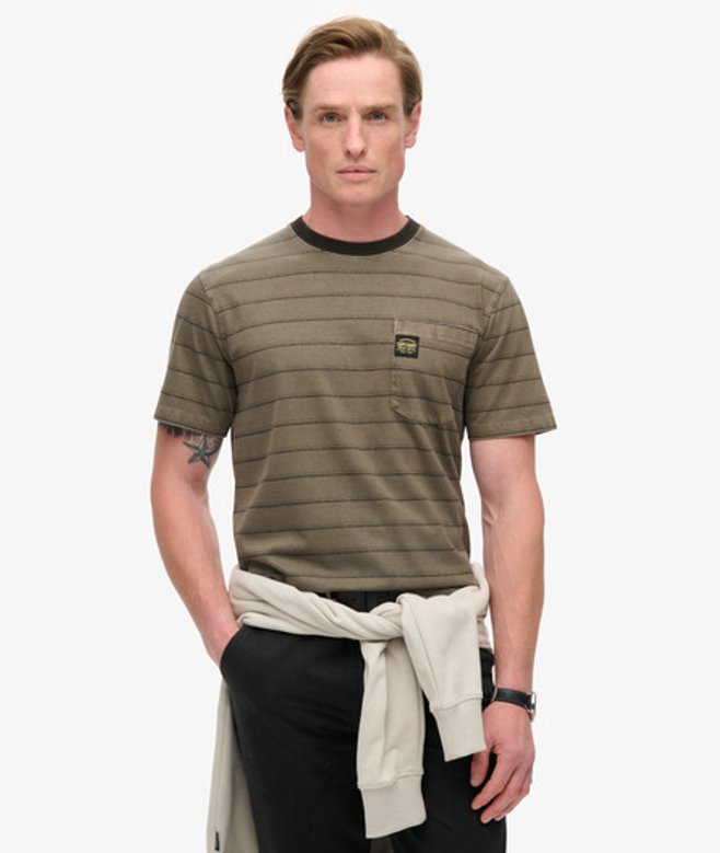 Getextureerd Gestreept T-shirt met Borstzak Khaki Grootte: XL afbeelding