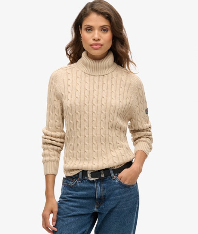 Slouchy Kabeltrui met Rolkraag Beige Grootte: 42 afbeelding