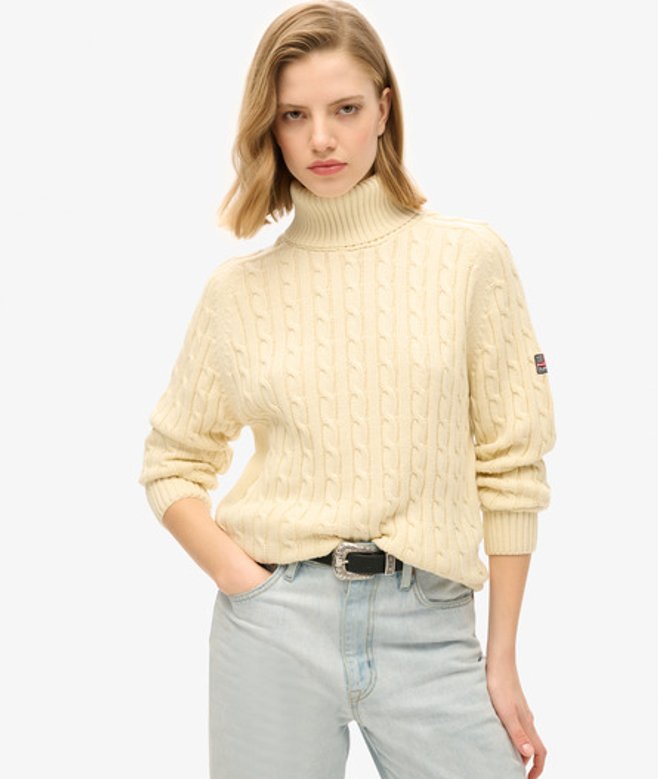 Superdry Slouchy Kabeltrui met Rolkraag White
