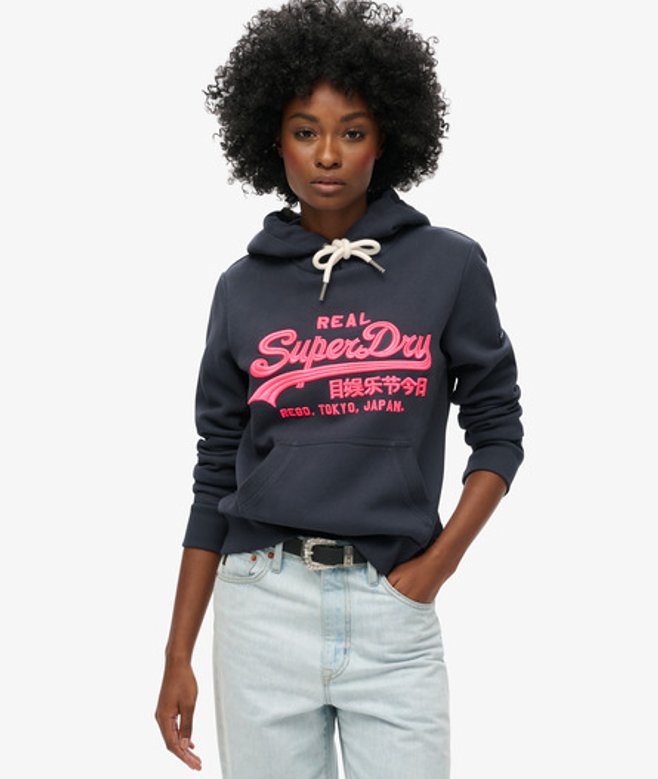 Superdry Hoodie met Geborduurd Vintage Neonlogo en Grafische Print Blauw
