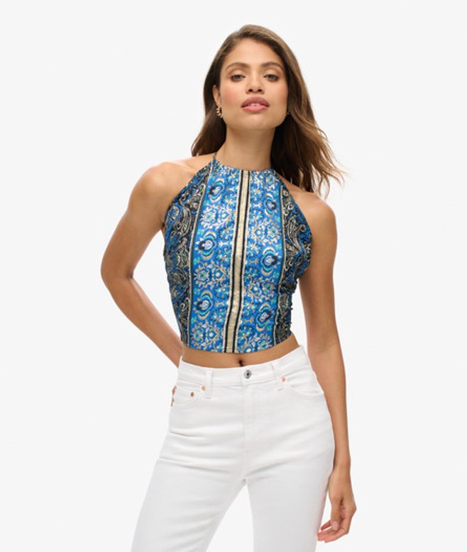 Superdry Ladies Classic Paisley Print St Tropez Halter Top, Navy Blue and White