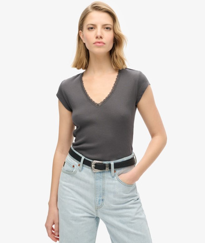 Superdry Women's Athletic Essentials Lace Trim V-neck Top Dark Grey / Dark Slate Grey