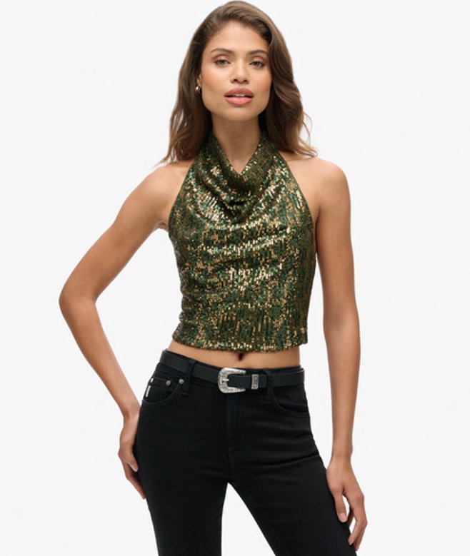 Haltertop met col en Pailletten Groen Grootte: 44 afbeelding