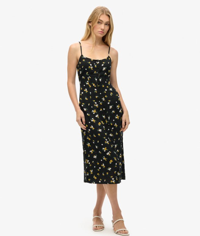 Superdry Damen Bedrucktes Midi-trägerkleid mit Knopfleiste Schwarz - Größe: 44 2144236500553B1C025