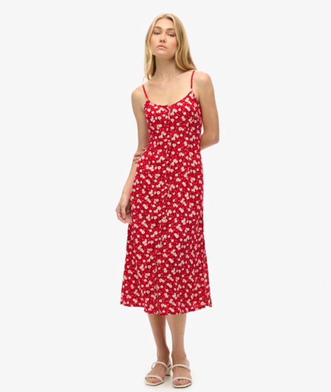 Superdry Women's Printed Button-up Cami Midi Dress Red / Rose Ditsy Print