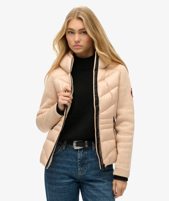 Superdry Women’s Hooded Storm Knit Hybrid Jacket Beige / Frappe Beige – Size: 16 Superdry Women’s Hooded Storm Knit Hybrid Jacket Beige / Frappe Beige – Size: 16