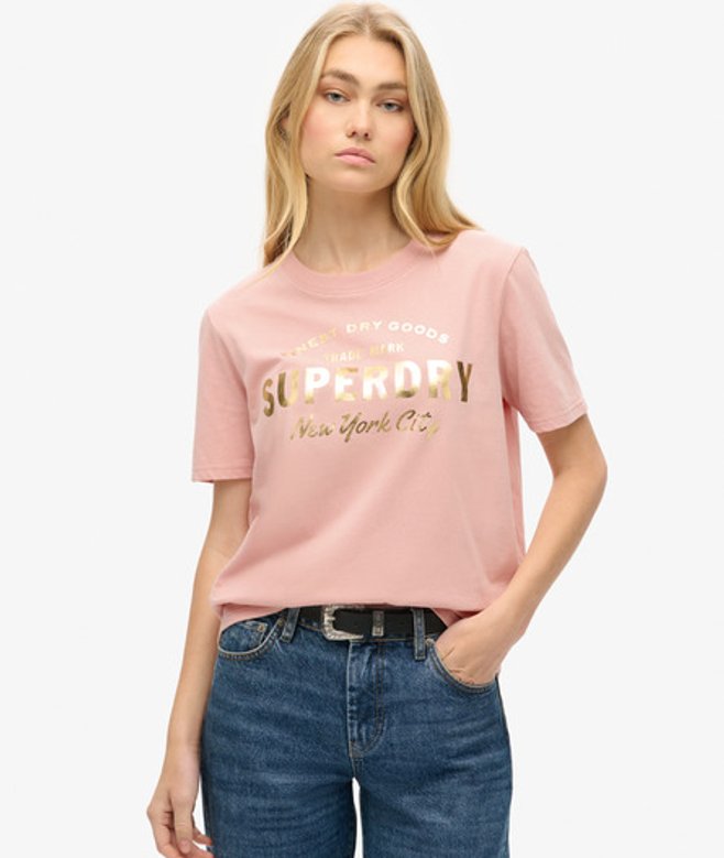 Luxe T-shirt met Metallic Logo en Relaxte Pasvorm Roze Grootte: 40 afbeelding