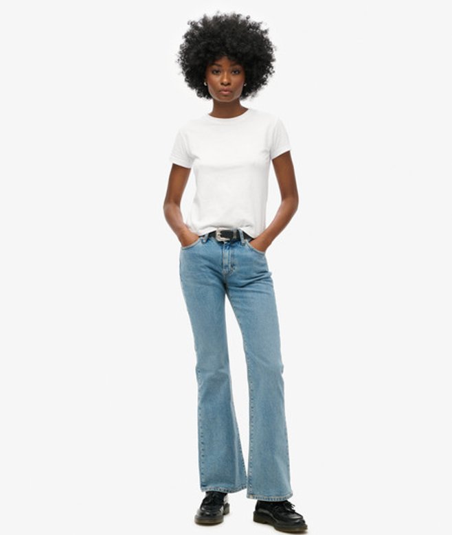 Slimfit Jeans met Middelhoge Taille en Wijduitlopende Pijpen Donkerblauw Grootte: 26/32 afbeelding