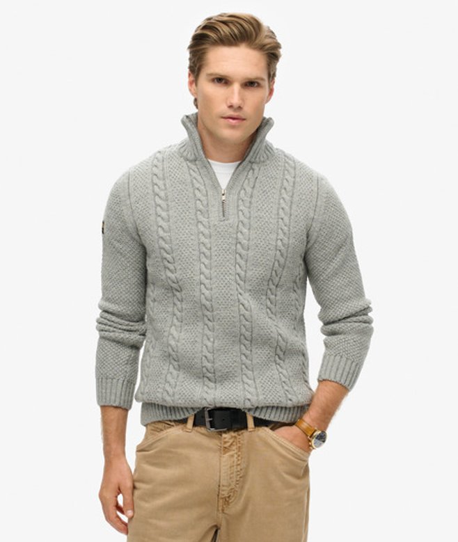 Superdry Men's Vintage Jacob Cable Knit Half Zip Jumper Light Grey / Mid Grey
